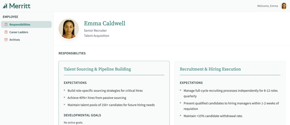 Employee profile showing role-aligned expectations for Talent Sourcing and Recruitment in Merritt