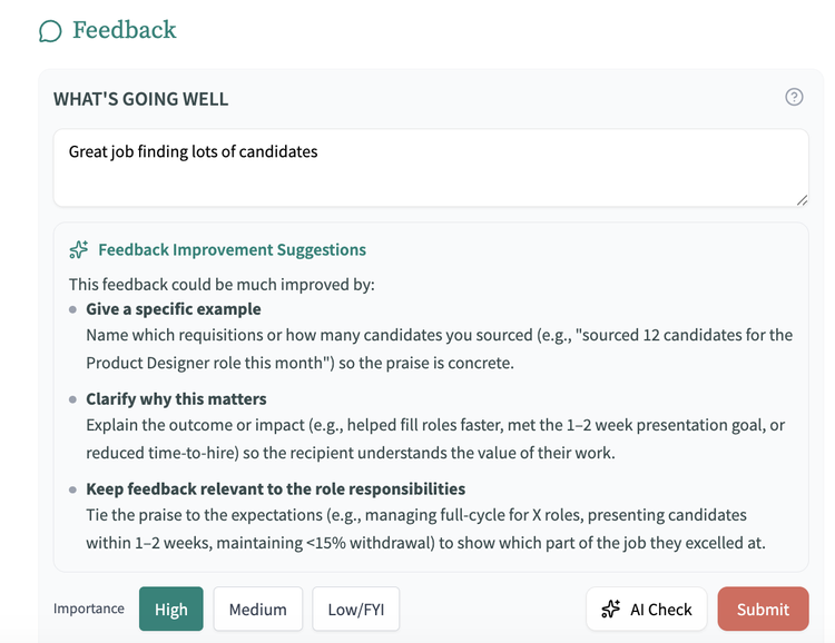 Feedback composer in Merritt with AI improvement suggestions for specificity and role alignment