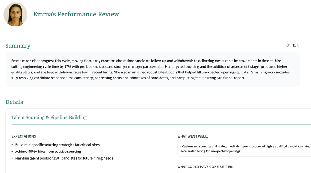 Performance review in Merritt auto-drafted from role-aligned feedback collected throughout the cycle